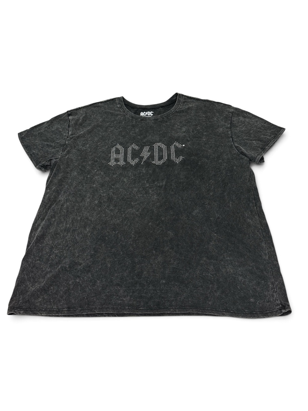 AC/DC Hybrid Women’s 3X Charcoal Gray Acid Wash Rhinestone Logo Short Sleeve Tee